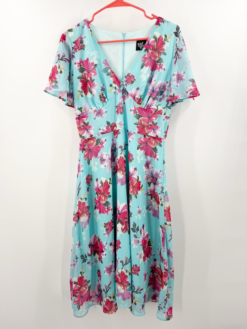 Hell Bunny Dress Women's Size Small Vintage 1940s Tea Style Chiffon Blue Floral